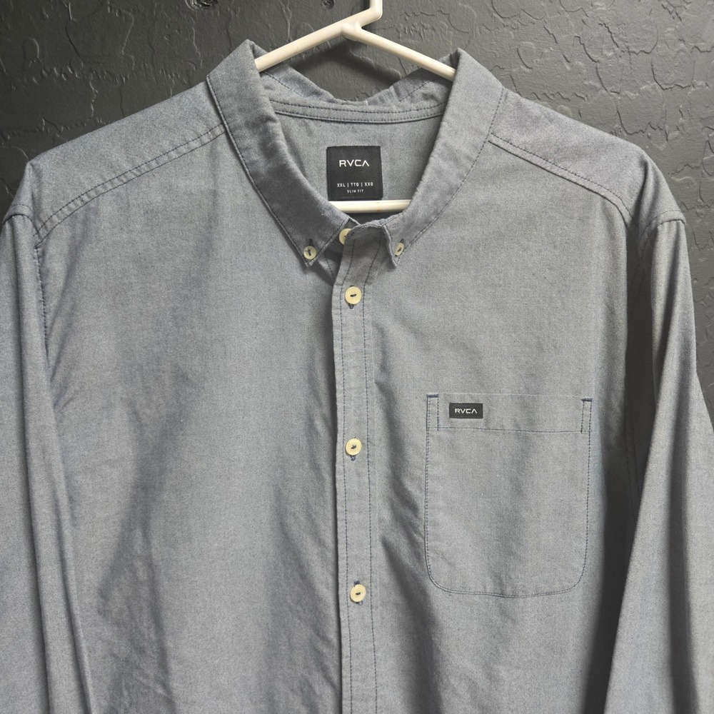 RVCA Mens Gray Oxford Long Sleeve Button Down Casual Shirt Slim Fit Size XXL